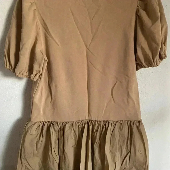 Impeccable Pig Mix Media Bubble Hem Puff Sleeve Tan Mini Coquette Party Dress S - Picture 10 of 11